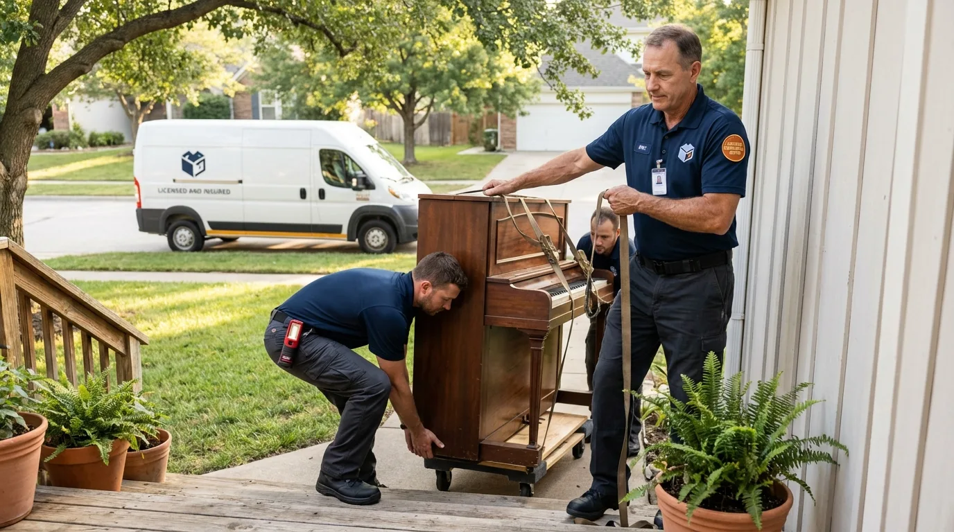 Licensed piano movers securing grand piano in Plattsburgh, NY