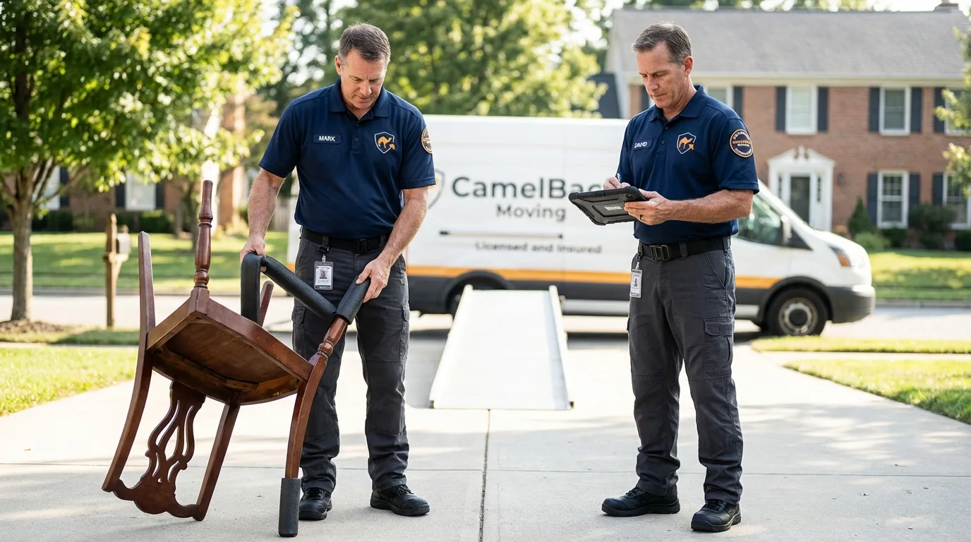 Movers inspecting furniture for damage prevention before loading in Plattsburgh, NY
