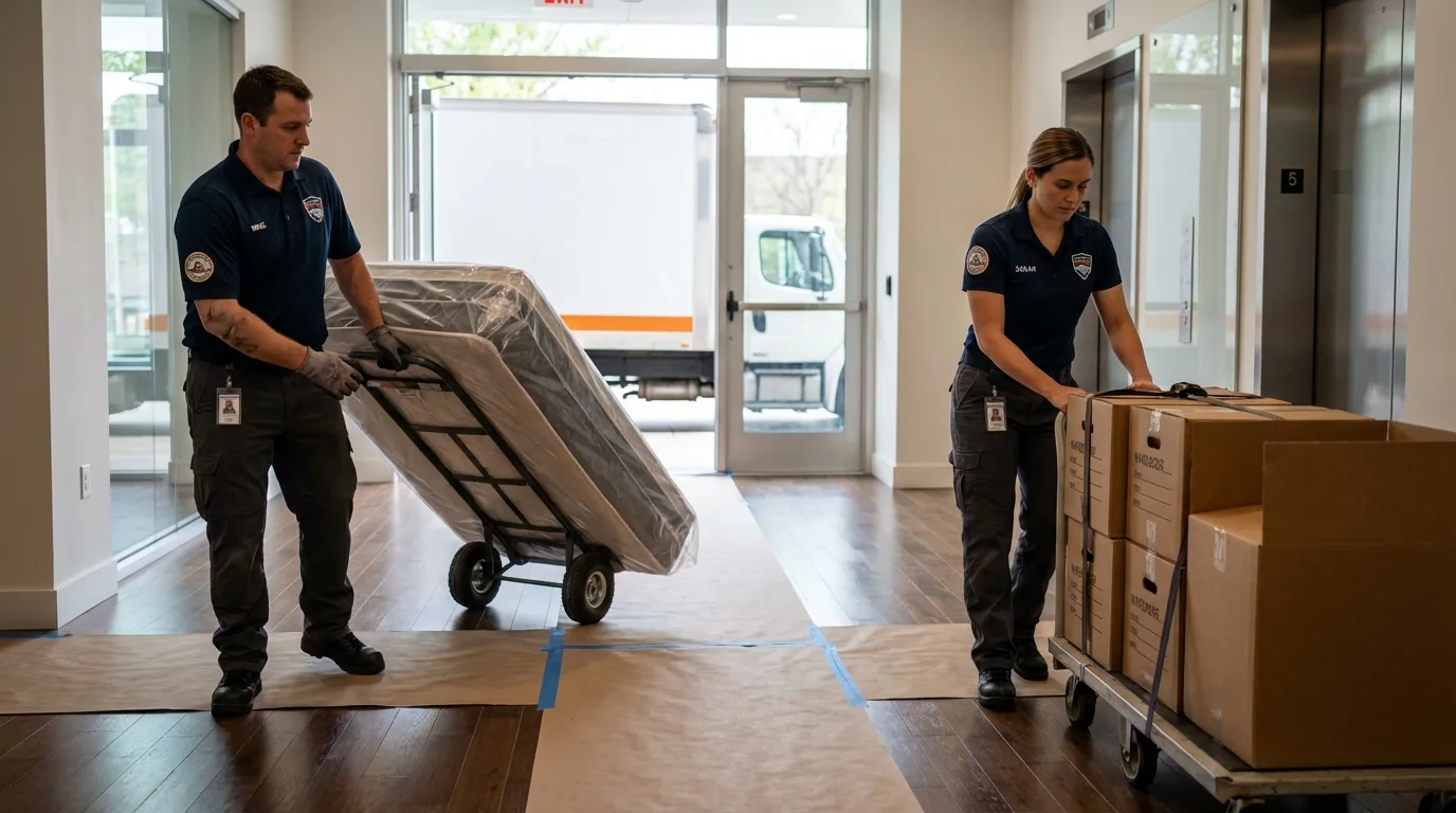 Professional apartment movers loading elevator in Plattsburgh, NY