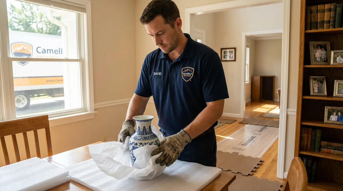 Professional crew carefully wrapping antique vase for senior downsizing move in Plattsburgh, NY